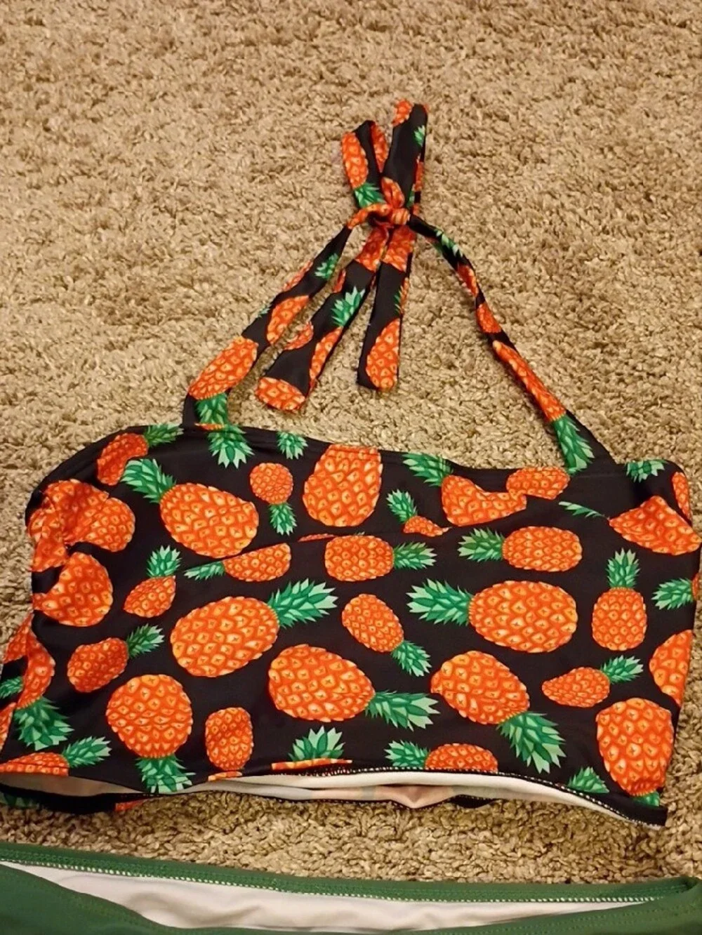 Pineapple Print Halter Bikini Top with Forest Green High-Waist Bottoms